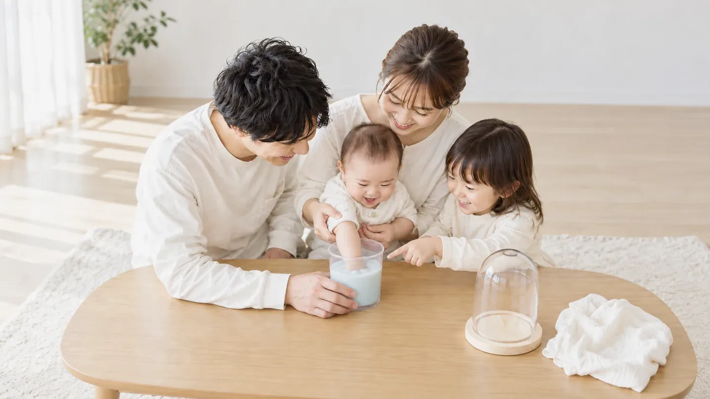 白木のローテーブルを囲んで、家族みんなで赤ちゃんの手型づくりをしている様子