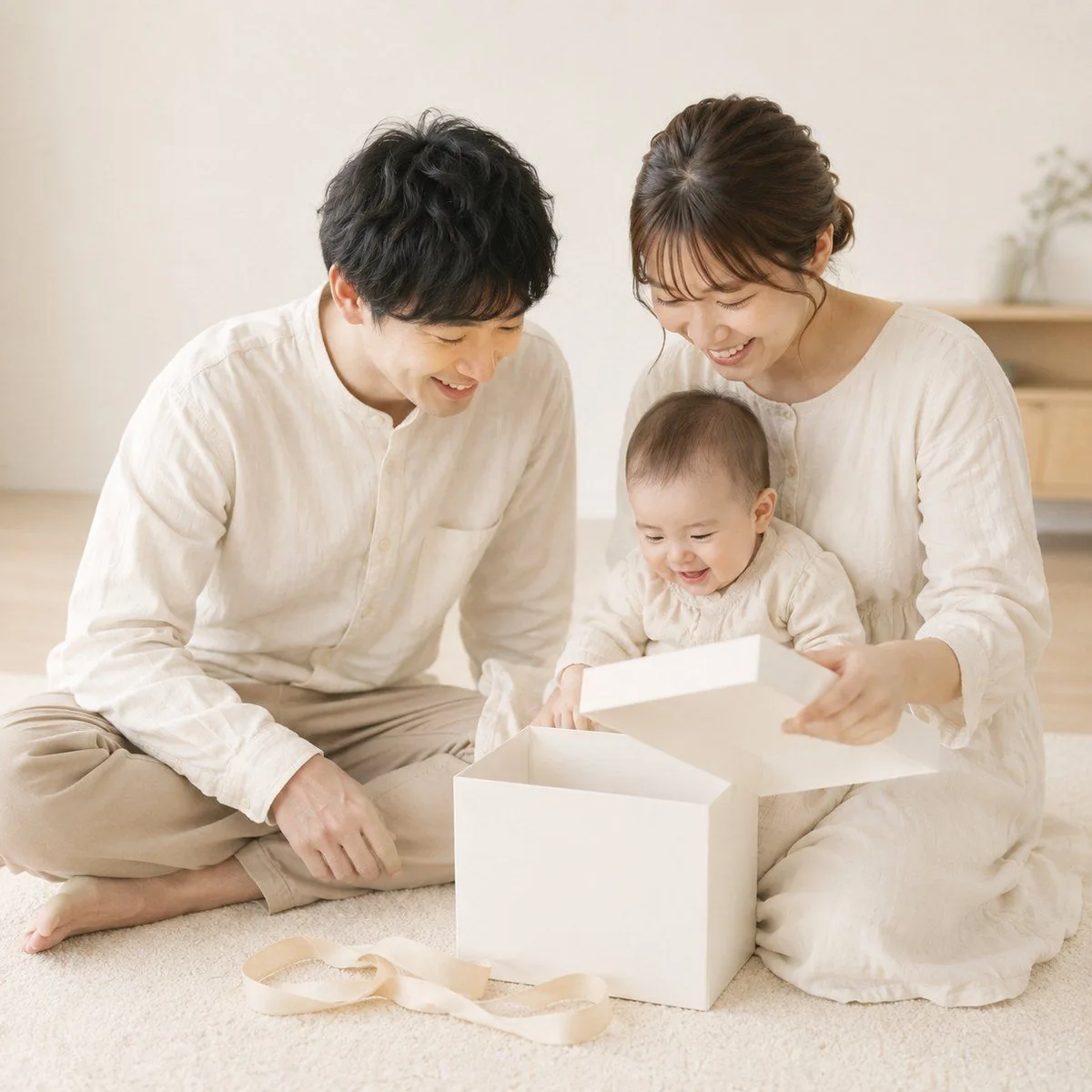 ラグの上で、ご夫婦と赤ちゃんが白いギフトボックスを開けて笑っている様子