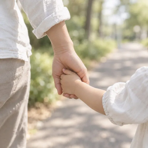 散歩の途中で、大人と子どもが手をつないで歩いている手元