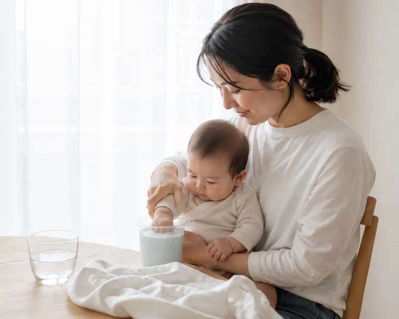 ダイニングの椅子で、母親が膝に抱いた赤ちゃんの手を、型取り材の入った透明なカップに入れている様子