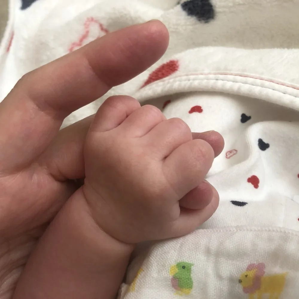 赤ちゃんの小さな手が、大人の指をきゅっと握っている