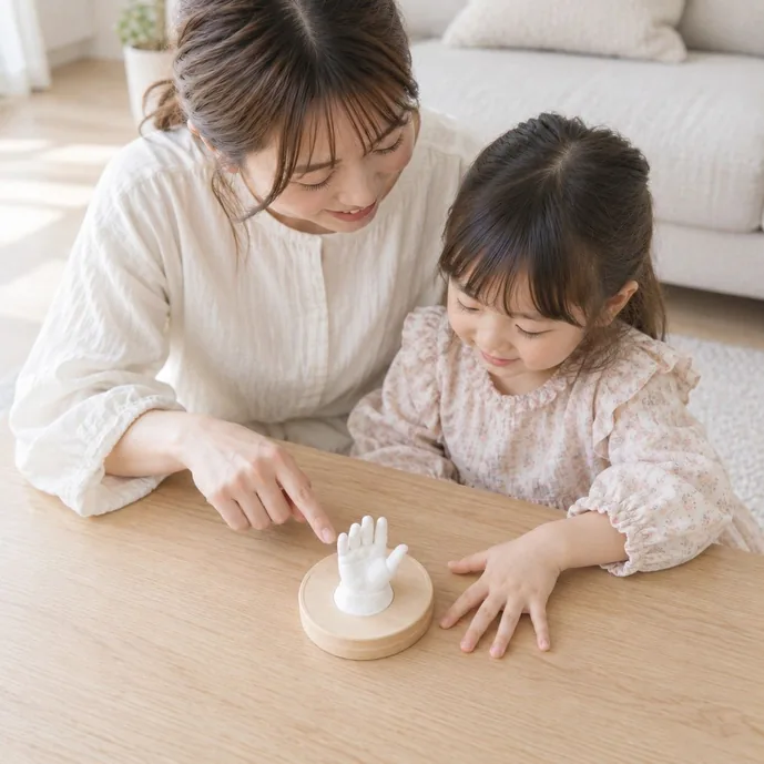 母親と4歳くらいの女の子が、赤ちゃんの頃の手型を見ながら今の手と見比べている様子